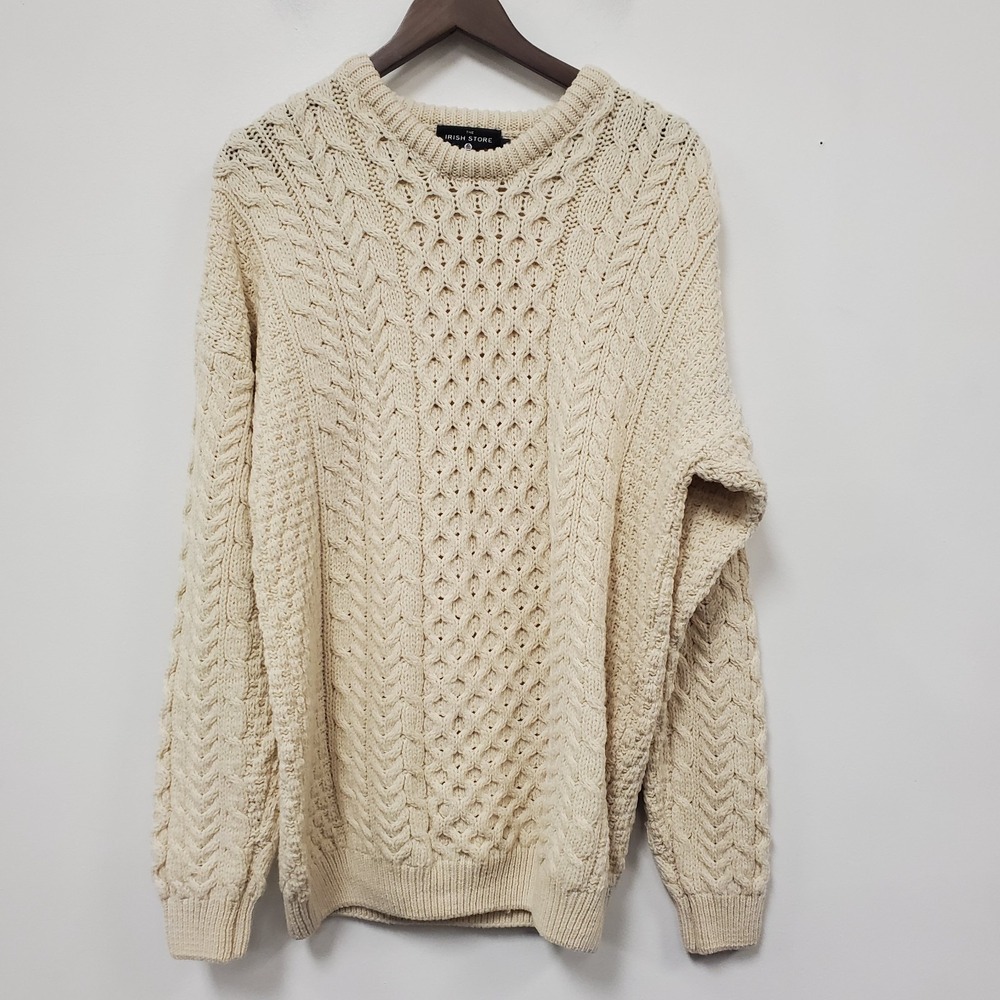 The Irish Store Mens Merino Wool Cable Knit Fisherman Sweater Size L Thick Ivory